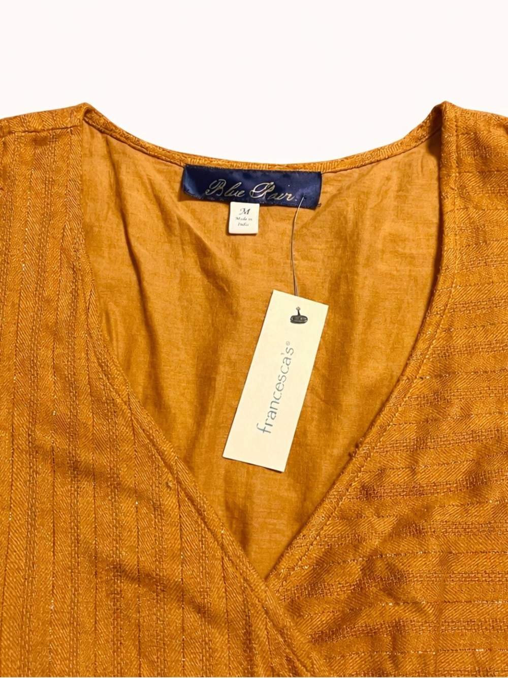 Francesca’s Blue Rain Rust Orange Faux Wrap Dress Elastic Waist Ruffle Hem Boho - Picture 3 of 9